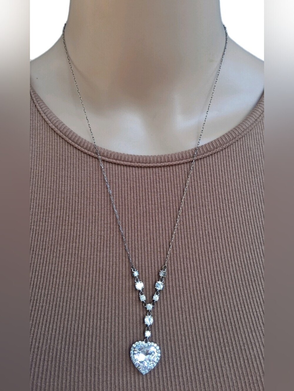 Vintage JCM Stamped CZ Heart Y-Drop Pendant Necklace Halo Rhinestone